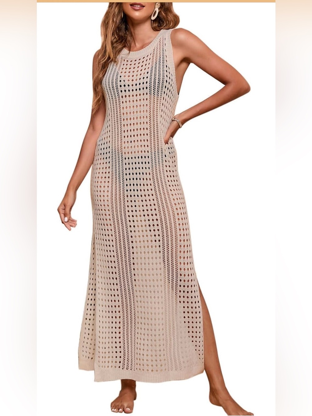 cha cha vente Beige Crochet Maxi Swim Coverup Dress